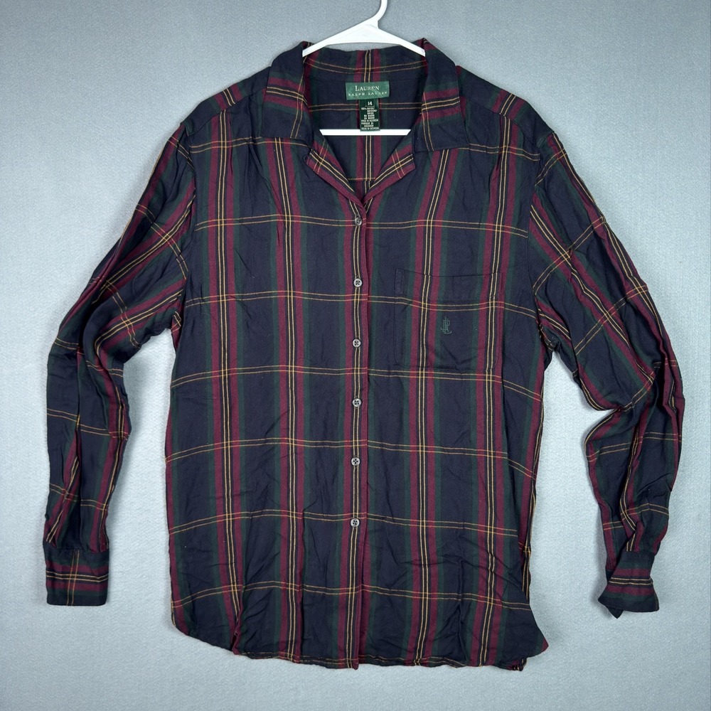 Lauren Ralph Lauren Pajama Top Womens 14 Purple Flannel Plaid Button 100% Cotton